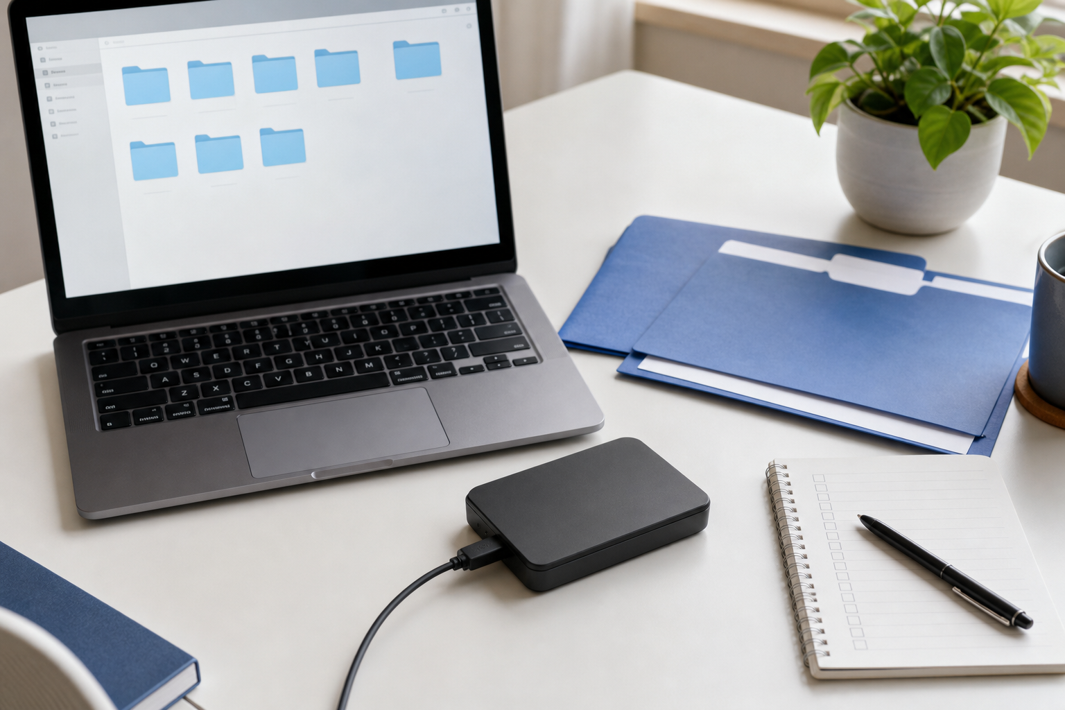Laptop mit geordneten Ordnern und externer Festplatte auf einem hellen Schreibtisch